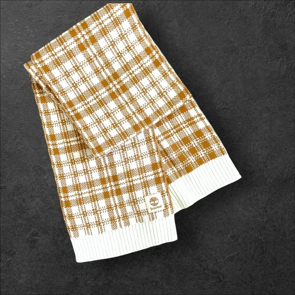 Timberland Plaid Scarf Tan Cream Knit Fall Academia Western Unisex Warm‎ Holiday